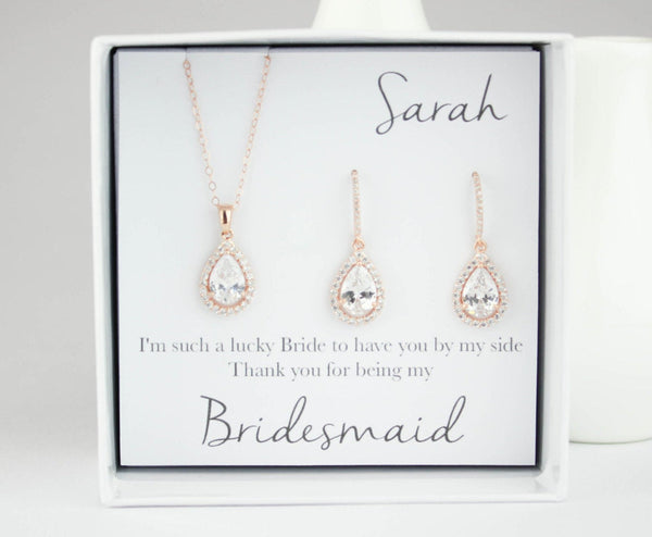 Rose Gold Tear Drop Jewelry Sets, Bridesmaid Earring and Necklace Gift